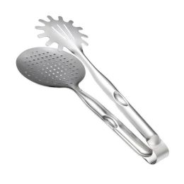 Kitchen Tong with Skimmer and Pasta Server Function Stainless Steel Deep Fried Tong, Noodle Tong Colander Oil Strainers Heat Resistant Food Grips