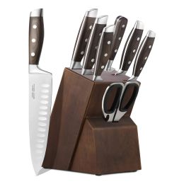 Kitchen Cutting Tool Block Set homgeek 8 Pieces  with Sharpener German 1.4116 Stainless Steel Blade Pakka Wood Handle and Kitchen Scissors