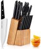 15 Pieces Kitchen Knife Set with Pine Block Holder and Sharpener, High Stainless Steel Knives with Comfortable-Grip ABS Handles