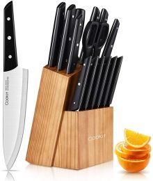 15 Pieces Kitchen Knife Set with Pine Block Holder and Sharpener, High Stainless Steel Knives with Comfortable-Grip ABS Handles