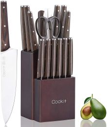Cookit 15 Piece Knife Sets with Block for Kitchen Chef Knife Stainless Steel Knives Set Serrated Steak Knives with Manual Sharpener Knife