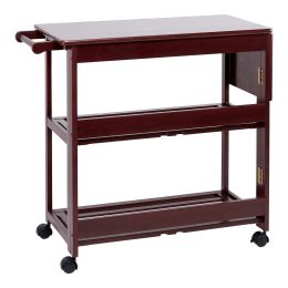 DunaWest 38 Inch Rubberwood Kitchen Cart, Knife Holder, Folding Frame, 2 Open Shelves, Brown