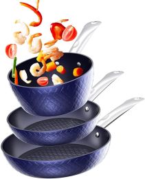 3-Piece Kitchen Cookware Set Nonstick Ceramic Bule,1.2 Q Pot Saucepan w/Lid+8 in Small Frying Pan, 9.5 Hard Anodized Frying Skillet Pan, Stock Pot