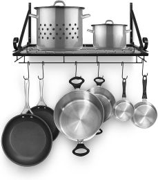 Pots and Pan Rack, Decorative Wall Mounted Storage Hanging Rack, Multipurpose Wrought-Iron shelf Organizer for Kitchen Cookware, Utensils, Pans