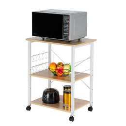 Baker's Rack 3-Tier Kitchen Utility Microwave Oven Stand Storage Cart Workstation Shelf(Vintage Board Top Black Metal Frame) RT - Light Beige / White