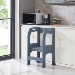 Kitchen Helper Step Stool for Kids and Toddlers, Children Standing Tower for Kitchen Counter, Wooden Toddler Two-Step Learning Stool - Grey