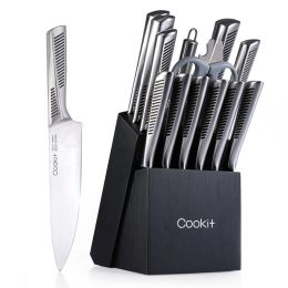 15 Piece Knife Sets with Block, Chef Knives w/Non-Slip German Stainless Steel Hollow Handle Cutlery Set w/ Multifunctional Scissors Knife Sharpener