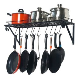 Wall Hanging Pot Rack Mounted Storage Shelf with S Hooks for Pans, Utensils, Books, Plant Black - Black