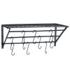 Kitchen Wall Mounted Pot Rack Storage Shelf with 3 Tier Hanging Rails 10 Hooks  - Black