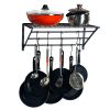 Kitchen Wall Mounted Pot Rack Storage Shelf with 3 Tier Hanging Rails 10 Hooks  - Black