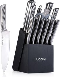 Cookit 15 Pieces Knife Set with Block Manual Sharpener, Stainless Steel Hollow Handle Chef Bread Steak Knife Scissors - knife holder