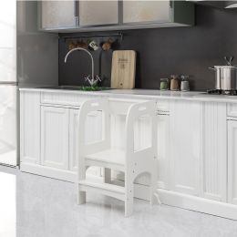 Kitchen Helper Step Stool for Kids and Toddlers, Children Standing Tower for Kitchen Counter, Wooden Toddler Two-Step Learning Stool - White