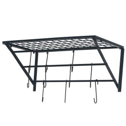 Kitchen Wall Mounted Pot Rack Storage Shelf with 3 Tier Hanging Rails 10 Hooks  - Black