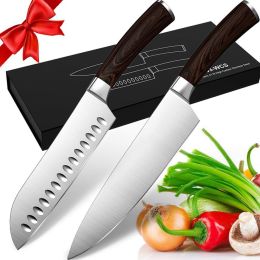 homgeek Germany 1.4116 Stainless Steel,Ergonomic Wood Handle, 8 inch Chef, 2,santoku Cutter - Black & White