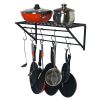 Kitchen Wall Mounted Pot Rack Storage Shelf with 3 Tier Hanging Rails 10 Hooks  - Black