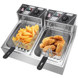 Deep Fryer 12.7QT/12L Stainless Steel Double Cylinder Electric Fryer with Baskets Filters,Electric Fryer for Turkey,French Fries,Donuts - As pictures